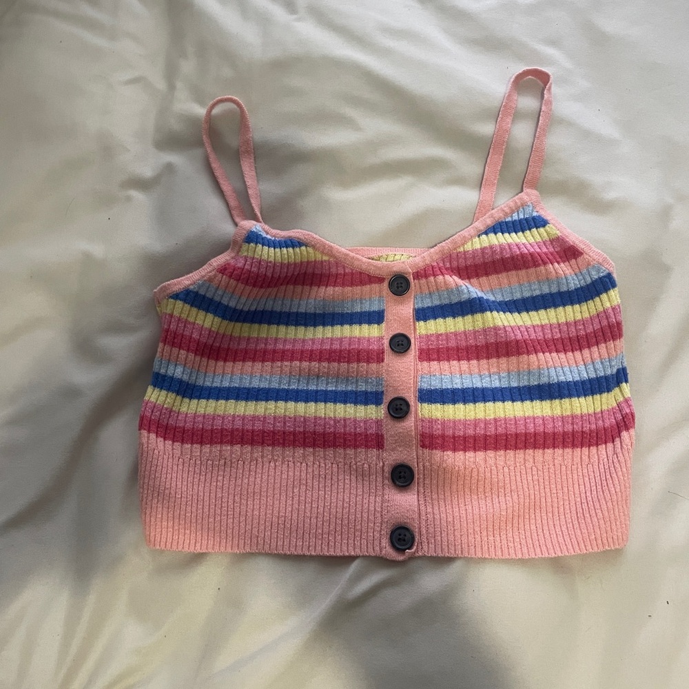 American Eagle Pastel Rainbow Stripe Button-Front Knit Tank